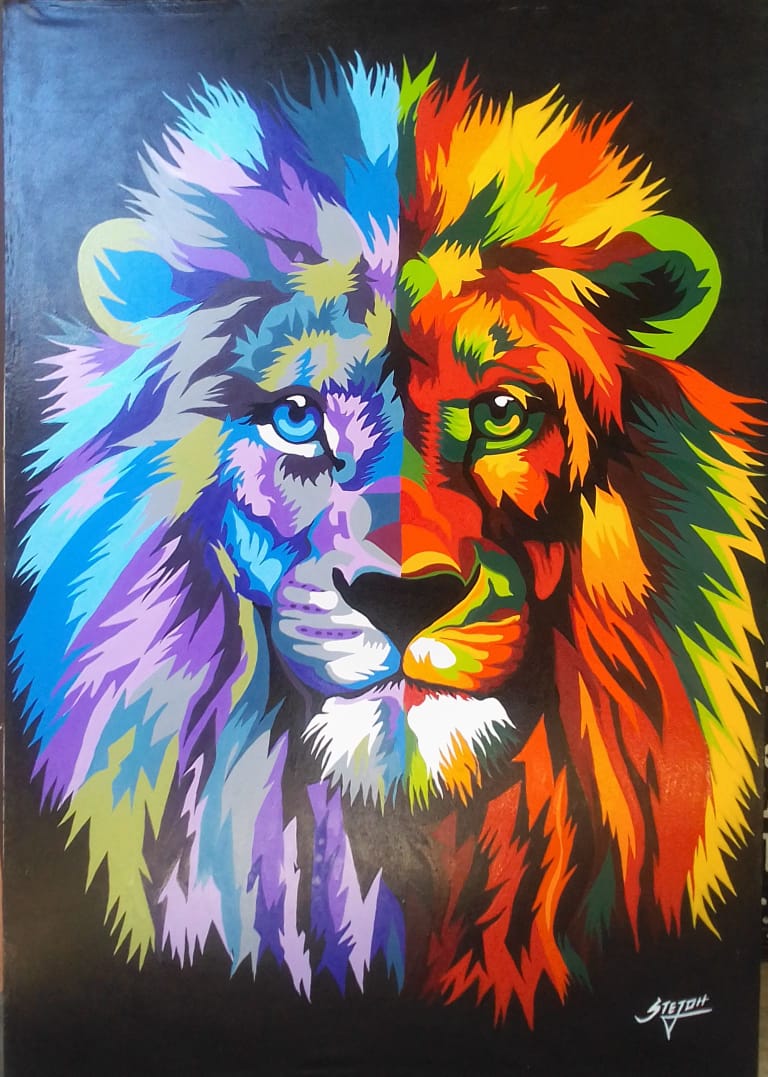 Opera africana con leone multicolore, colori vivaci